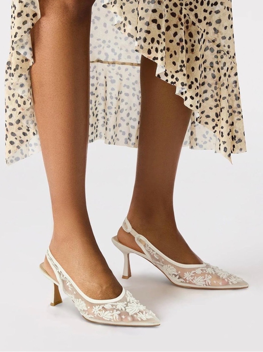 White Mesh Beaded Slingback Heels